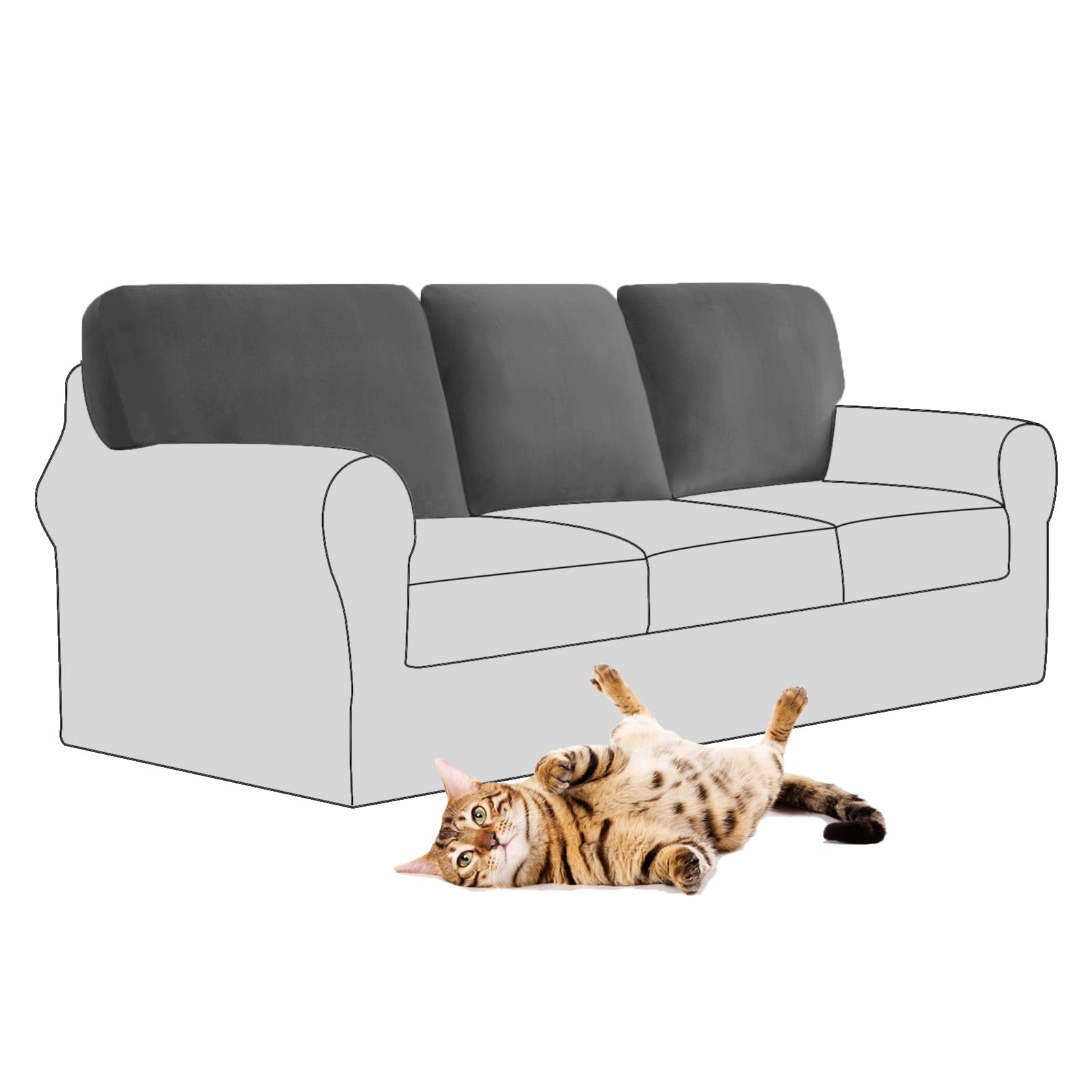 SYLC Stretch Velvet Sofa Backrest Cover, Back Cushion Covers Non-Slip Sofa Cushion Slipcovers for Couch Chesterfield Caravan RV Dinette (Dark gray,3 pcs Rectangle L)