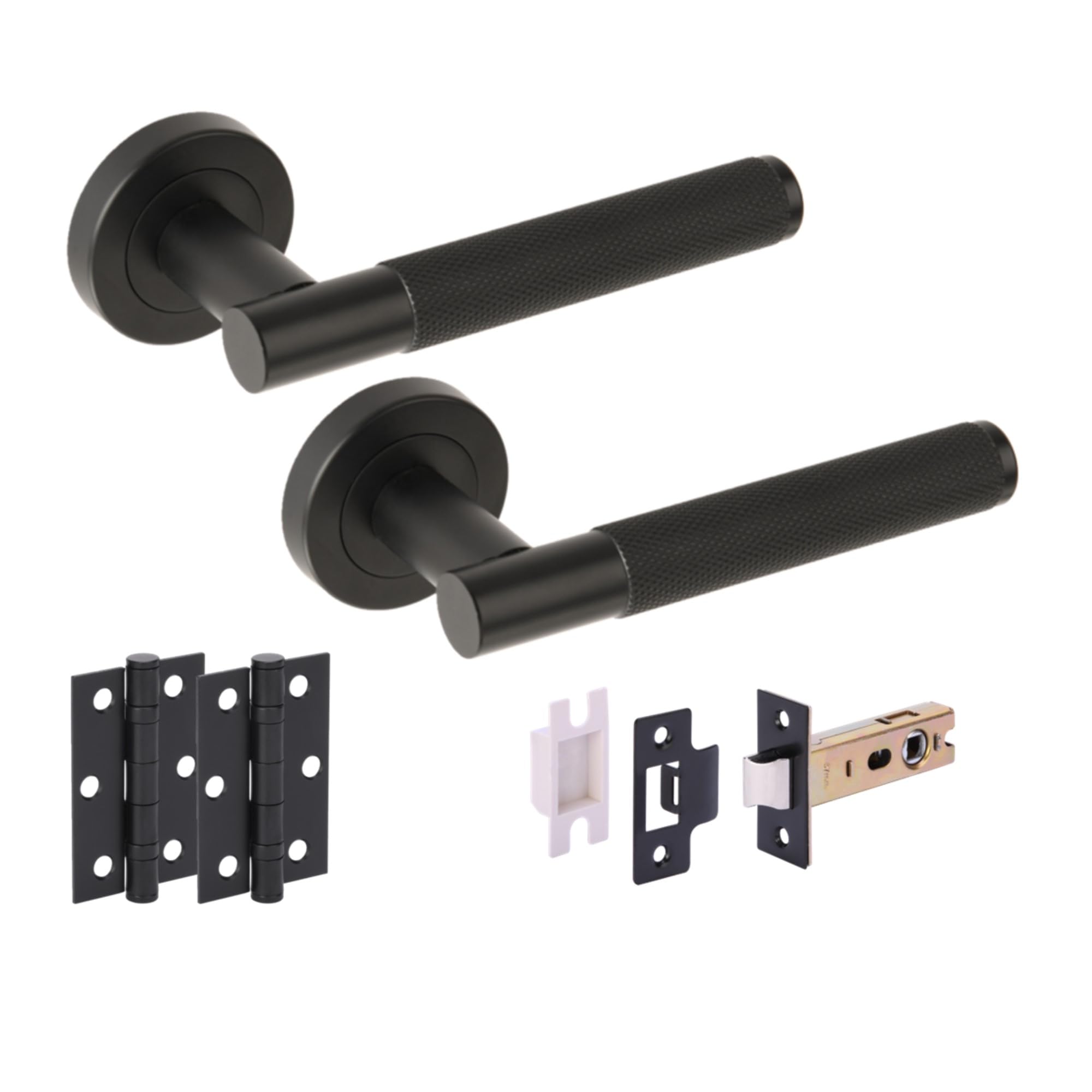 Hunta HANDLEZONE® Evo Knurled Grip Internal Door Handle Pack, Complete with Lever Handles, 76mm Latch, 75mm Ball Bearing Hinges - Black Matt