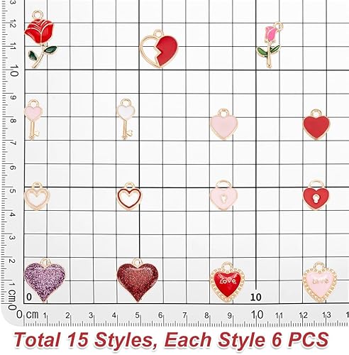 Miniatura 5 de PH PandaHall 90 colgantes de corazón esmaltado, 15 estilos de dijes de flores de rosa, llaves y cerraduras, colgantes de corazón dulce, dijes para