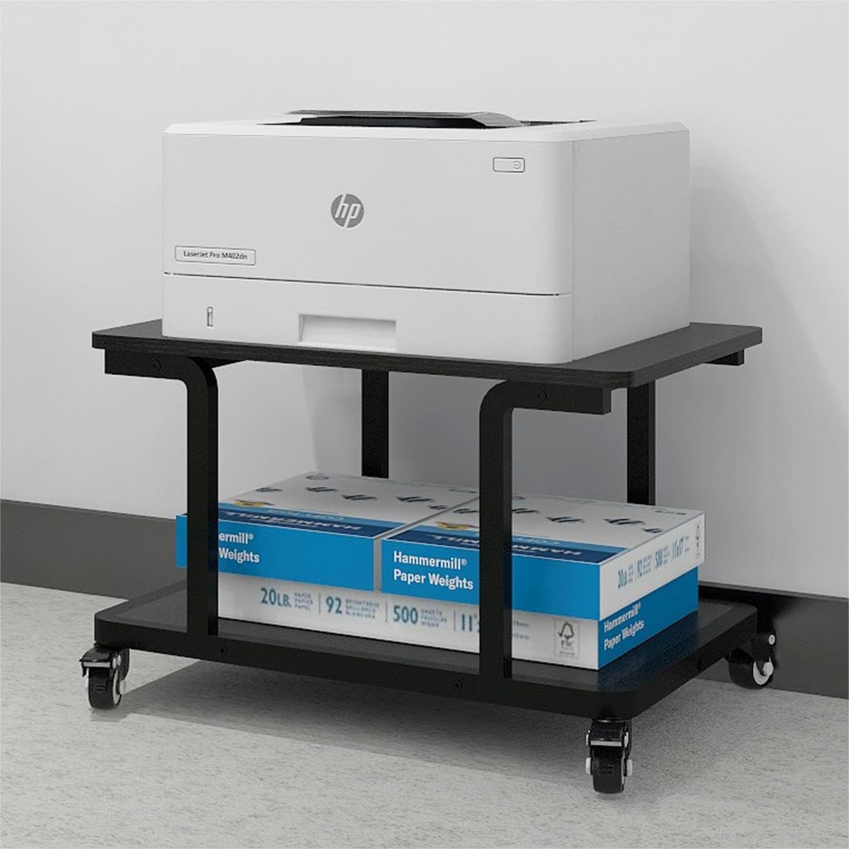 PUNCIA Mesa para Impresora de 2 Niveles con Ruedas 60 x 50 cm Soporte para Impresora Móvil de Madera y Metal con Estante de Almacenamiento para Oficina Hogar Escuela Negro