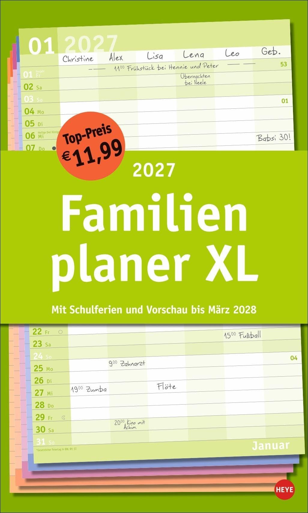 Basic Familienplaner XL 2027: Familienkalender mit 6 Spalten. Praktischer Familien-Wandkalender mit Schulferien. Extra breiter Terminkalender. 27 x 45 cm.