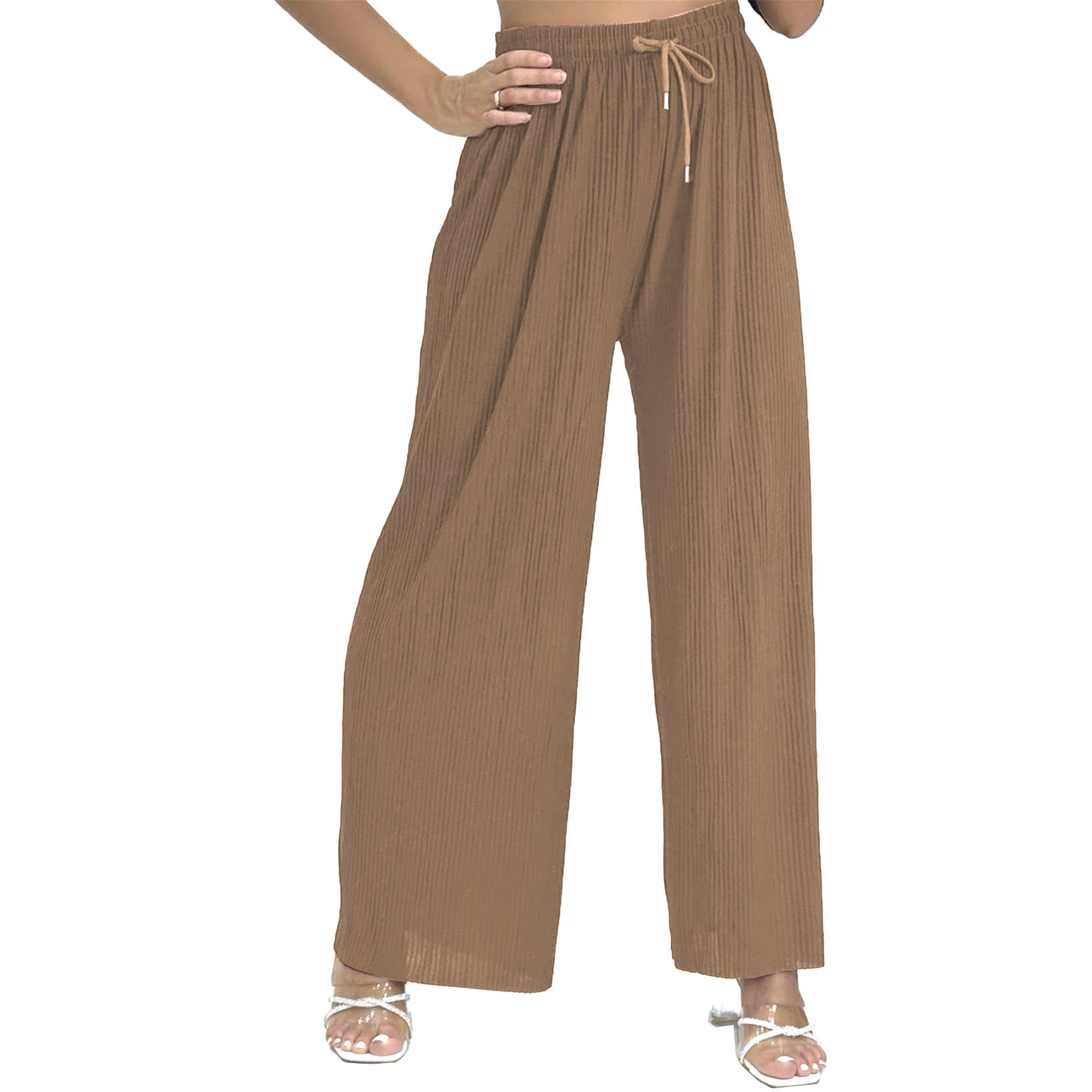 Women's Textured Ribbed Relaxed Wide Leg Smart Casual Palazzo Trousers (as8, Alpha, l, x_l, Regular, Regular, Mocha)