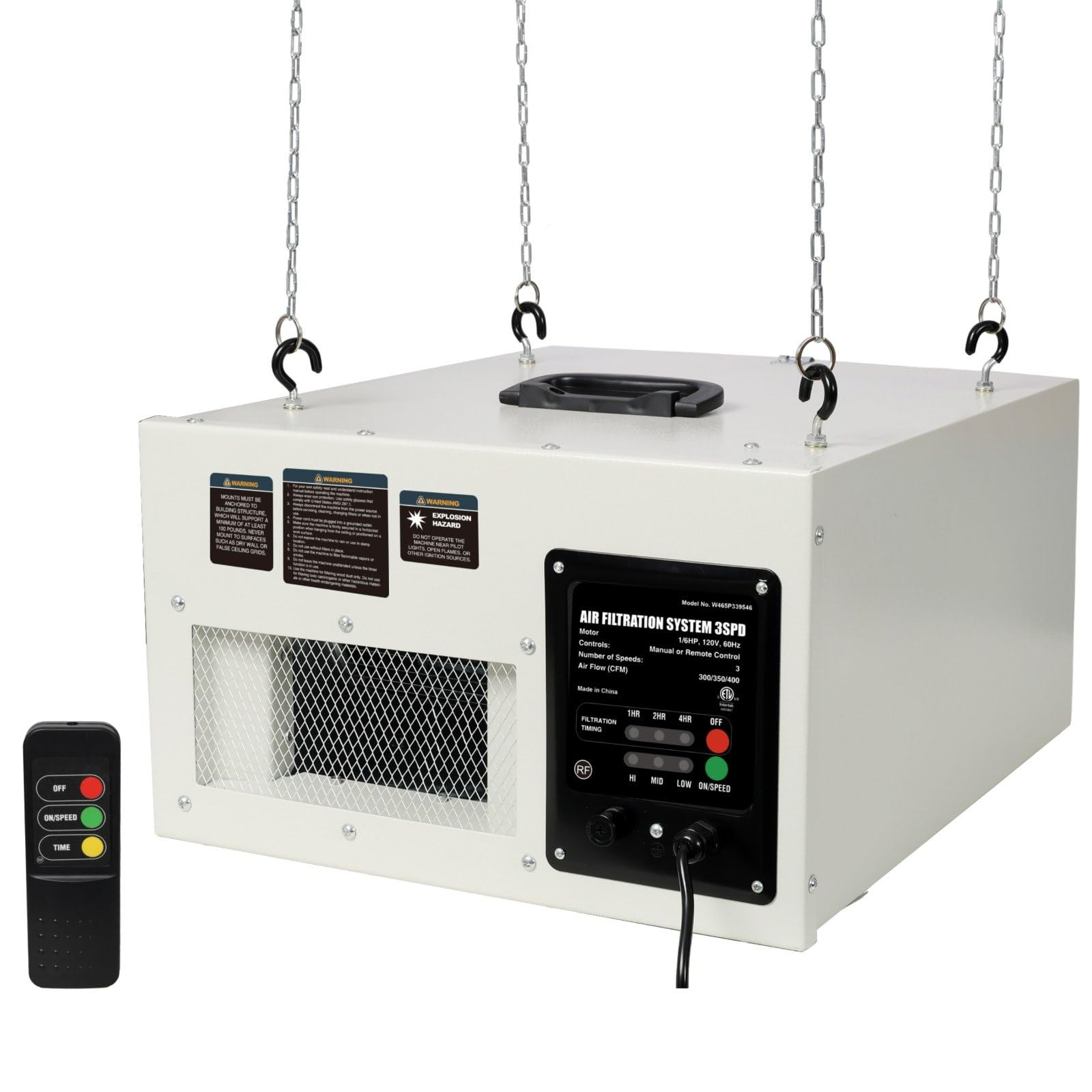 3-Speed Air Filtration System with Remote Control - 300 350 400 CFM Workshop Air Purifier with 5 Micron
