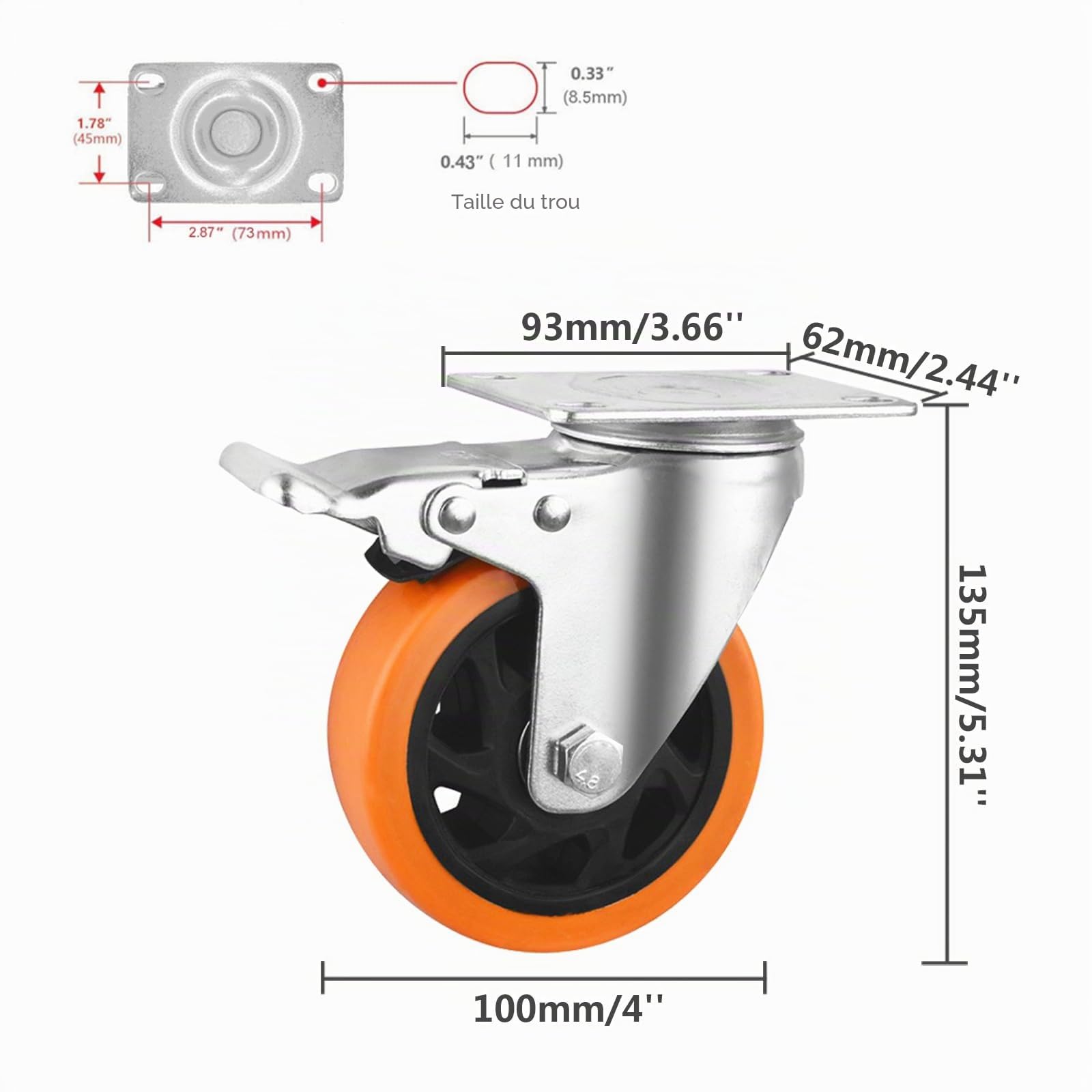 Lot de 4 roulettes pivotantes pour meubles, 100 mm, avec frein, 600 kg, pour charges lourdes, pour meubles, établi, chariot à outils, palettes, orange