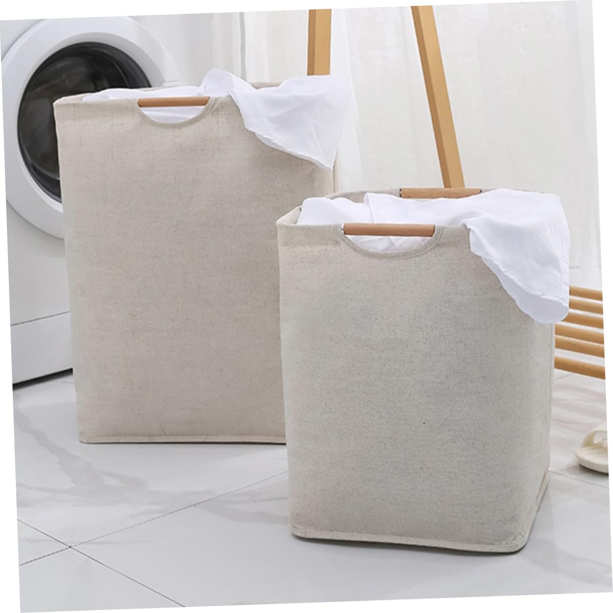 Faltbarer Wäschekorb 2 Stück aus Baumwolle Leinen und Holz, Beige