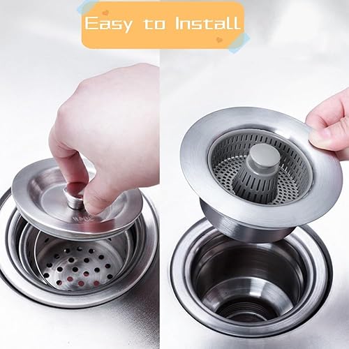 Miniatura 7 de Ayuda para fregadero de acero inoxidable 3 en 1, colador de drenaje de fregadero de cocina, tapón de drenaje de fregadero tipo prensa, tapón de