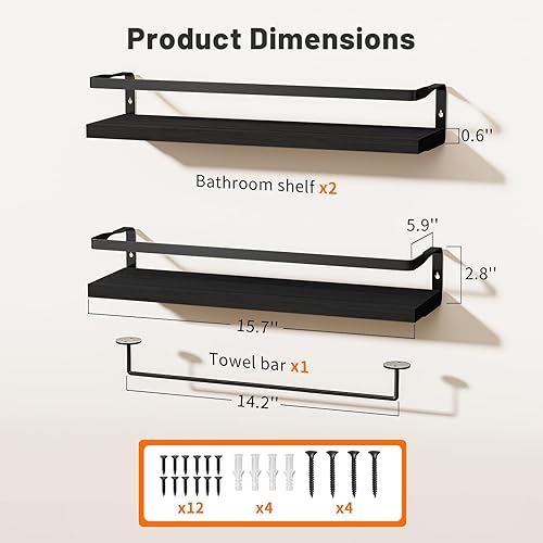 Miniatura 3 de Estantes de baño con toallero, estantes flotantes para baño, cocina, dormitorio, madera de paulownia, marco de metal negro mate, juego de 2 unidades