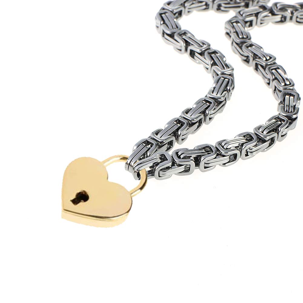 LEWE Stainless Steel Collar Byzantine Chain Necklace Locking Collar Choker Heart Padlock Collar with Elegant Box