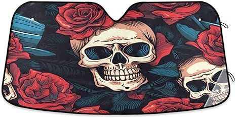 ALAZA Funny Sugar Skull Red Rose Flower Car Windshield Sun Shade Blocks UV Rays Sun Visor Protector Foldable Sun Shield