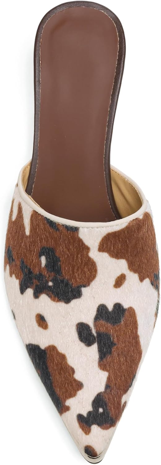 Kitten Heel Mules for Women Cow Print Pointed Closed Toe Slip-On Mules Backless Calf Hair Dress Pumps Comfortable Heeled Mules Shoes
