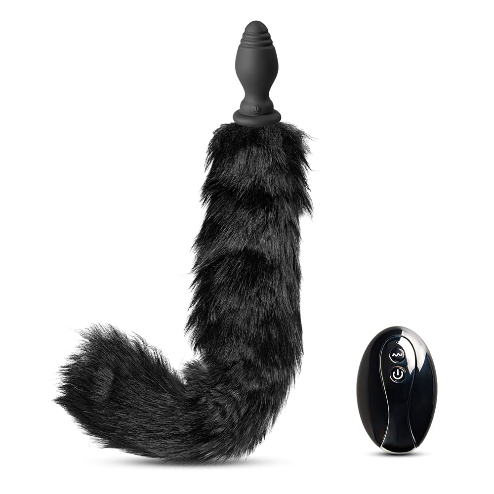 BeHorny Animal Tail Butt Plug 10 Speeds Remote Control Rechargeable Vibrating Butt Plug, Black