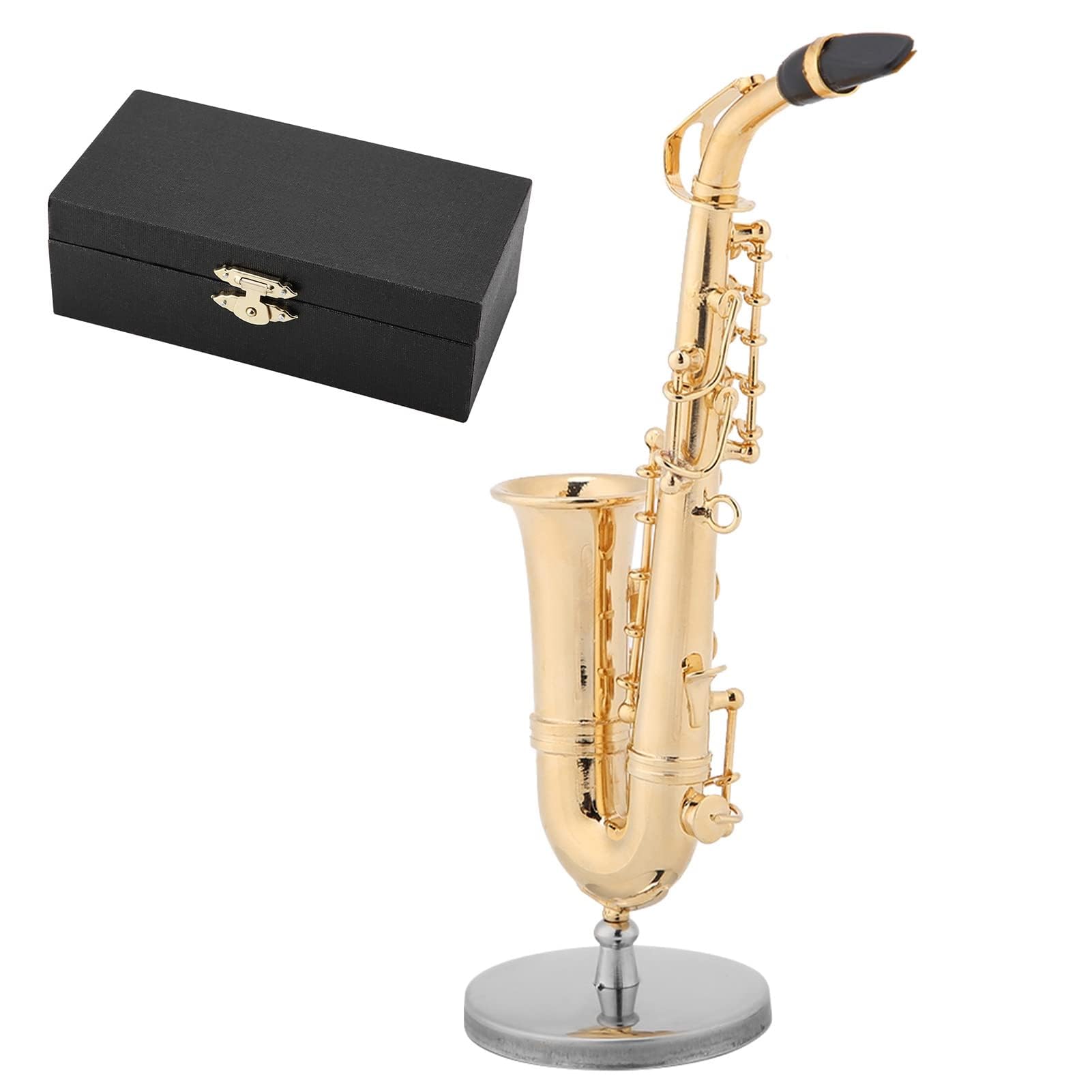 Miniatur Alt Saxophon, Saxophon Modell mit Ständer und Gehäuse Mini Musikinstrument Saxophon Instrument Modell Ornamente Golden Plated Musical Ornaments