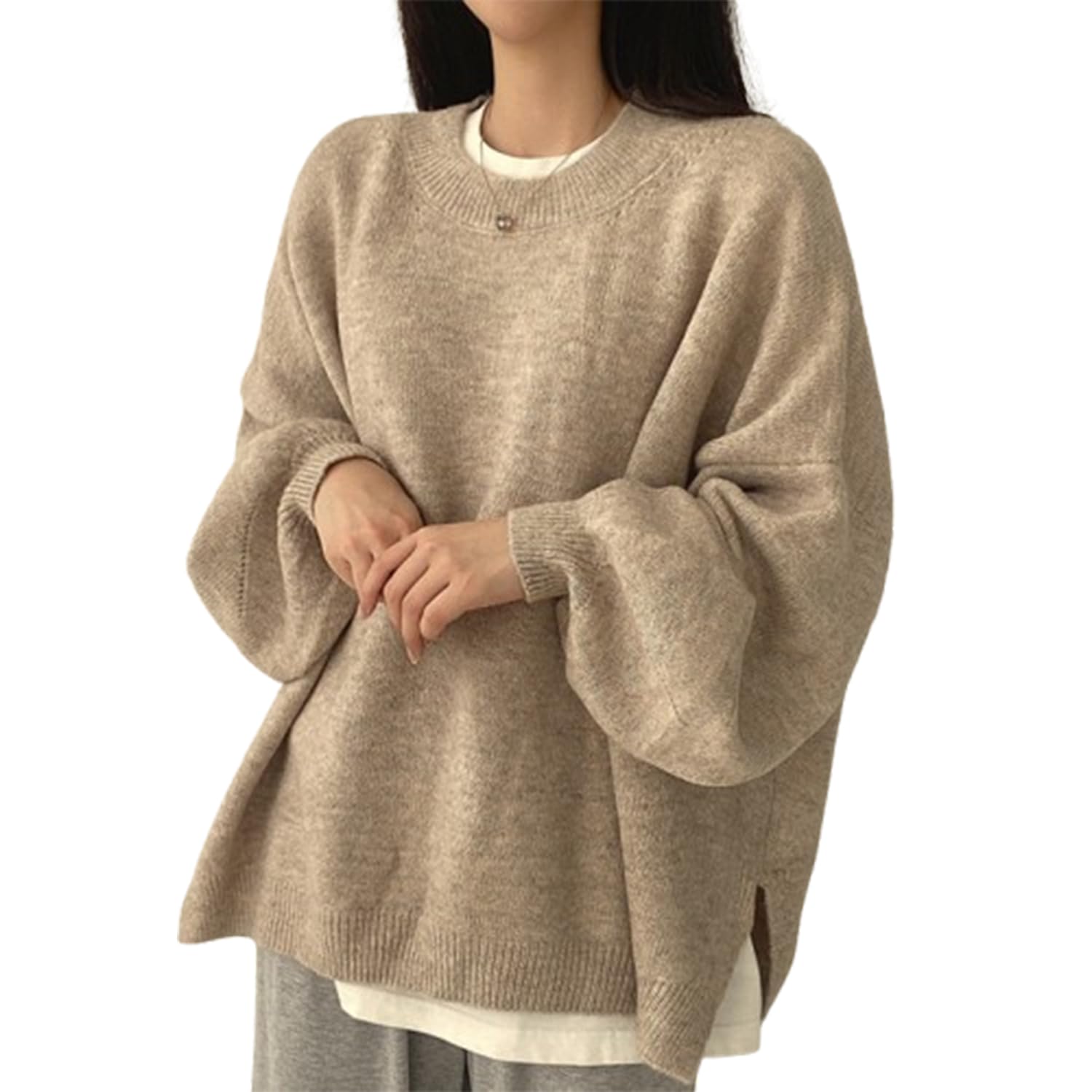 Womens Drop Shoulder Split Hem Long Sleeves Sweater Winter Casual Long Sleeve Round Neck Jumper Sweater for Women