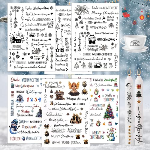 Kerzen Tattoos - 6 Stück Kerzenfolie & Aufkleber für Kerzen/Keramik (C) - Weihnachten