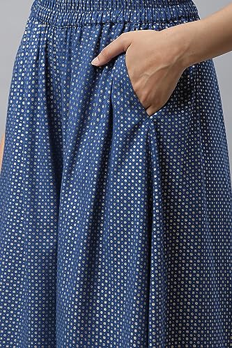 Image of Aurelia Women's Bright Blue Polyester Straight Kurta, Palazzos, Dupatta Suit Set