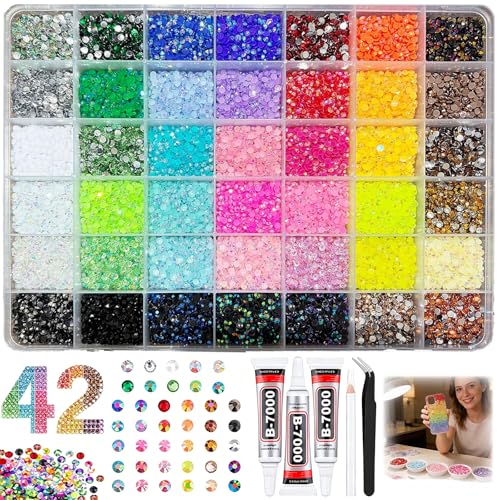 Bedazzling Kit 42000pcs 3mm Resin Jelly Rhinestones Gems with 3 Glues Pickup Pen & Tweezers DIY Bulk Bedazzle Kit Set for Nail Art Tumblers Shoes Clothing & Crafts (42 Colors)