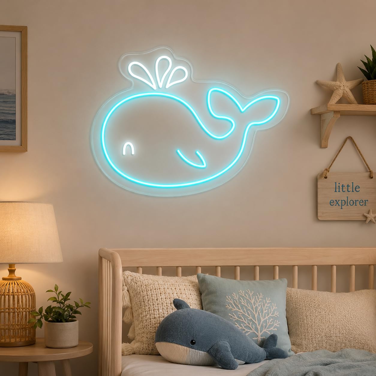 Letrero Ballena de Mar Cartel Luminoso LED Escaparate, Decoración de Pared en Metacrilato, Luz Brillante, aproximadamente 50cm alimentación 12v