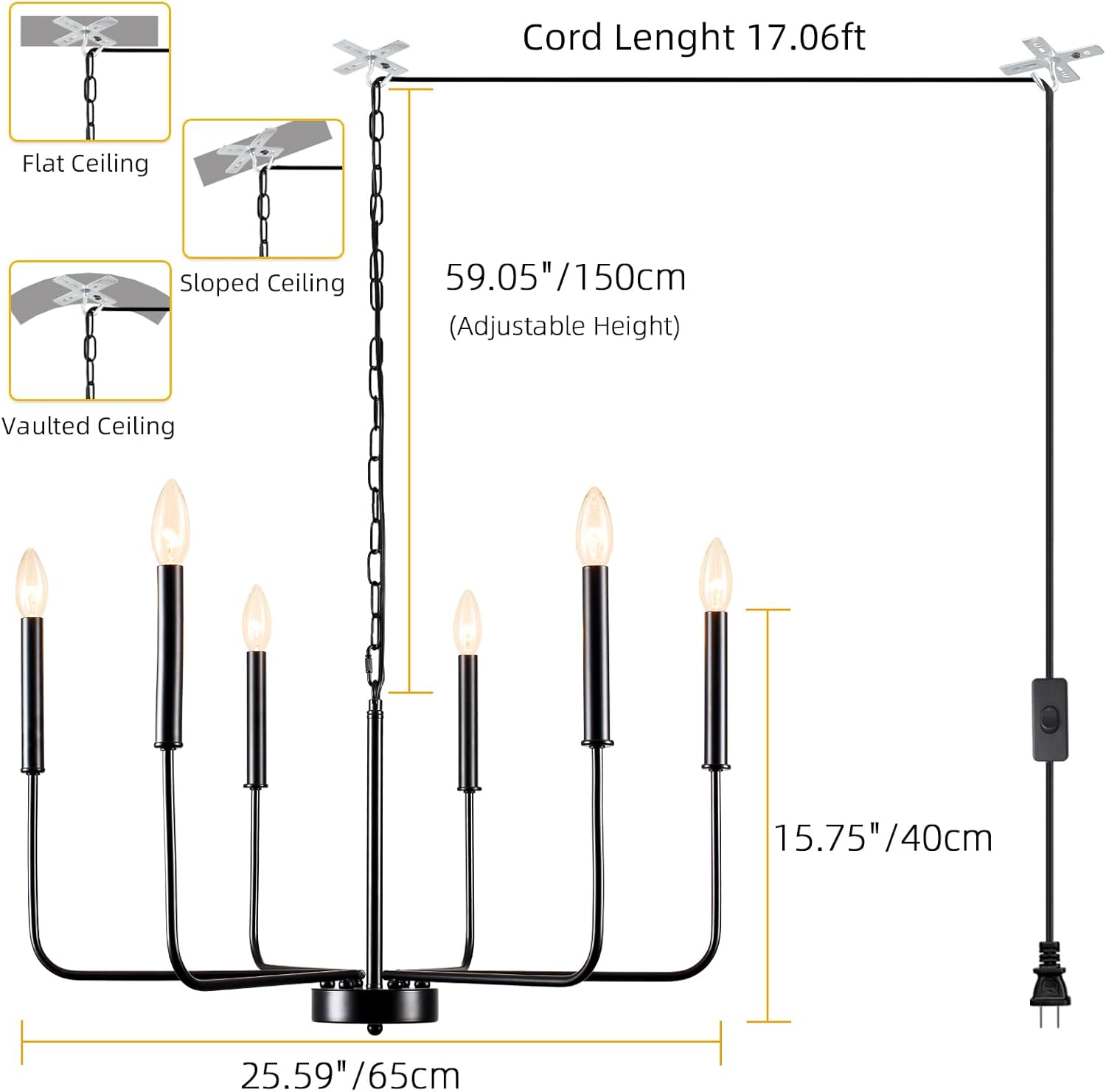 Plug in Chandelier Lighting with Long Cord Black 6 Light Modern Farmhouse Hanging Lights with Plug in Cord 17.06ft & Switch Candle Plug in Pendant Light Fixture for Dining Room Entryway Living Room