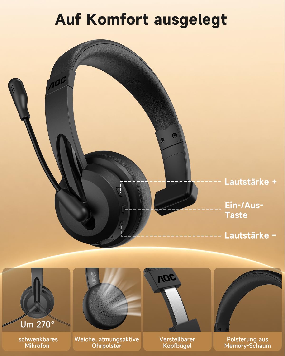 AOC 3-in-1 Bluetooth Headset mit Mikrofon Mono Headset Kabellos 2.4G Dongle | Bluetooth Headset mit AI ENC Geräuschunterdrückung, 45H Akku PC Headset für LKW-Fahrer, Home-Office, Call Center