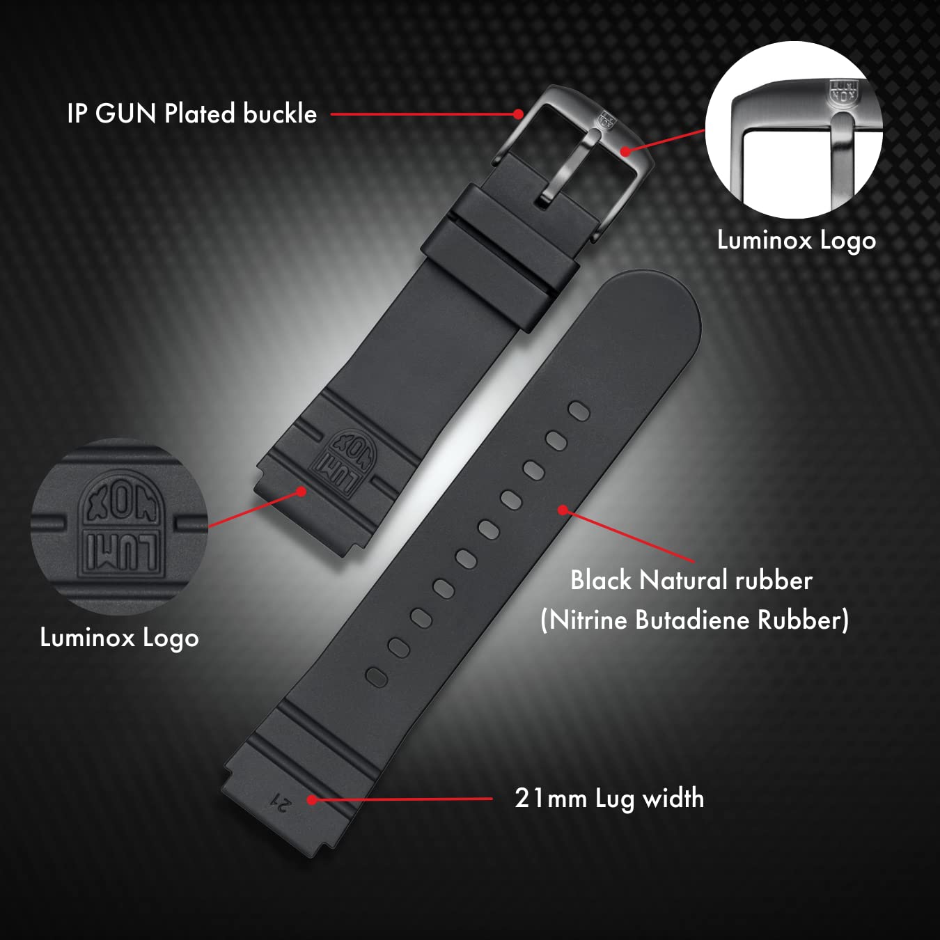 Luminox FPX.3000.21H.2.K Pasek do zegarka - 21 mm czarny zapasowy gumowy pasek z klamrą ze stali nierdzewnej do 3000 3001, czarny/szary, nowoczesny, czarny/szary, Nowoczesny