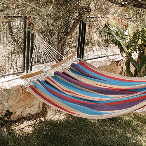 Lxoohy Outdoor Double Hammock With Travel Bag, Portable 2 Person Patio Hammock With D Rings And Tree Straps For Camping, Picnic, Backyard, Foldable And Curved Spreader Bar, Red Blue #TOP7