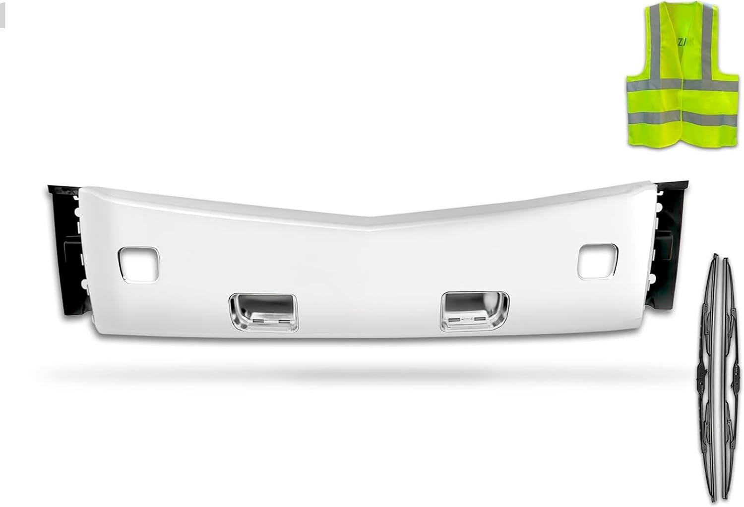 KOZAK Chrome PLASTIC Center Bumper Compatible with Peterbilt 579 2013-2021 PLUS Logo Emblem, 2x 22" Wipers and KOZAK Vest