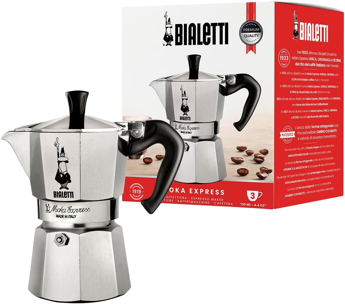 Bialetti Moka Express Iconic Italian Stovetop Espresso Maker, Italian Made; Moka Pot/Percolator/Coffee Maker/Mocha Pot for an Authentic Italian Coffee (Silver, 3 Cup)