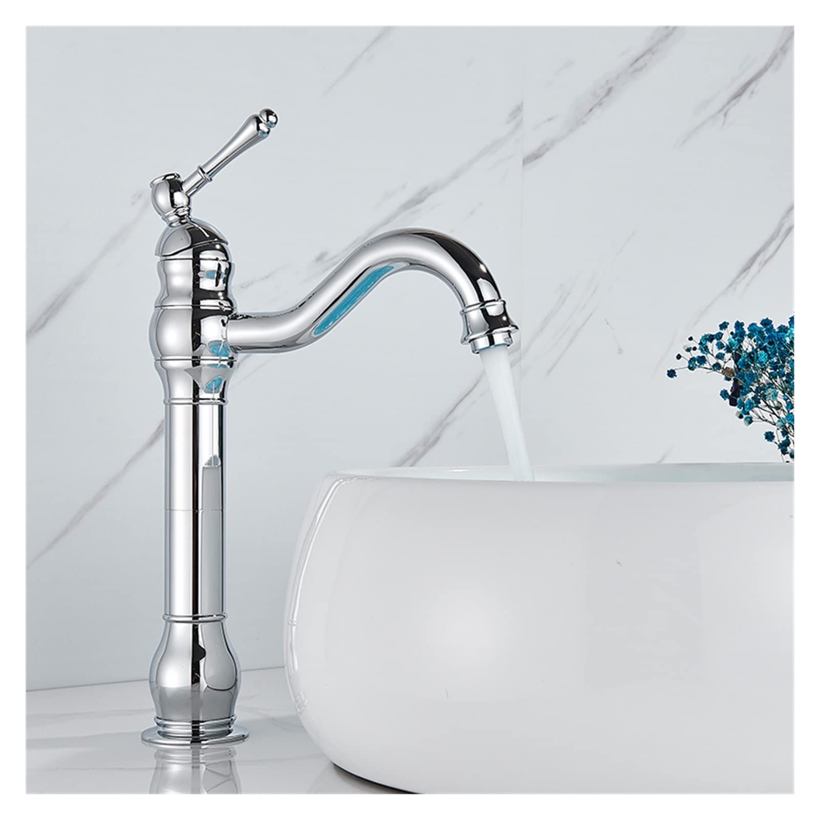 Mooilko Chrome Tall Brass Antique Brass Taps Bathroom Faucet Basin Faucet Cold Water Column Mixer Deck Mounted Crane Basin Faucet Tall Short Easy To Install(Chrome Tall)