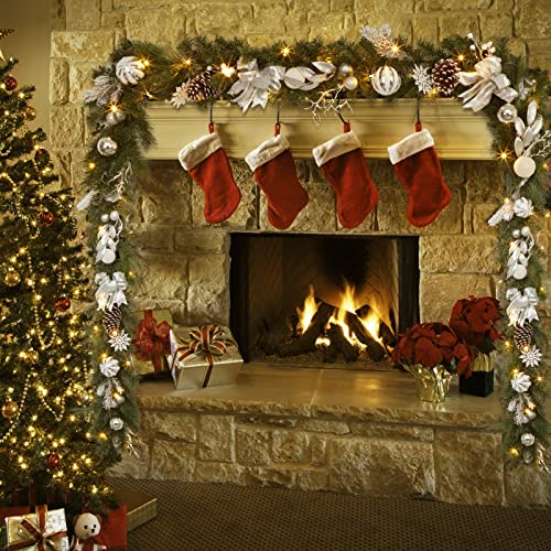 Fireplace Christmas Garland with Lights, 6 FT Lighted Battery Operated Christmas Garland with Sliver Ribbon Pine Cones Berries for Farmhouse Home Front Porch Banister Decorations