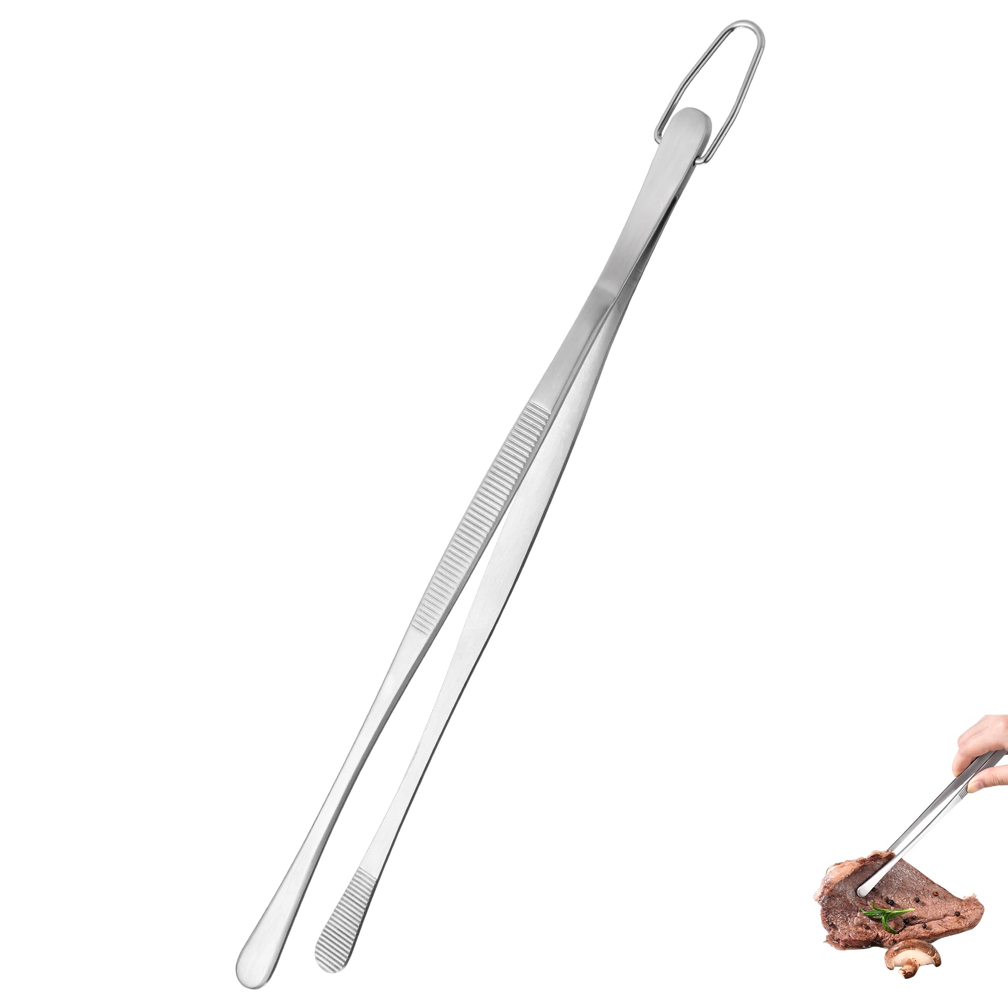 U-Taste 30cm Long Kitchen Tweezer: 18/8 Stainless Steel Food-Grade Cooking Tong with Seamless-Welding and Upgraded Pinching Force for Serving Grilling Frying Decorating Plating BBQ (Round Tip, Siver)
