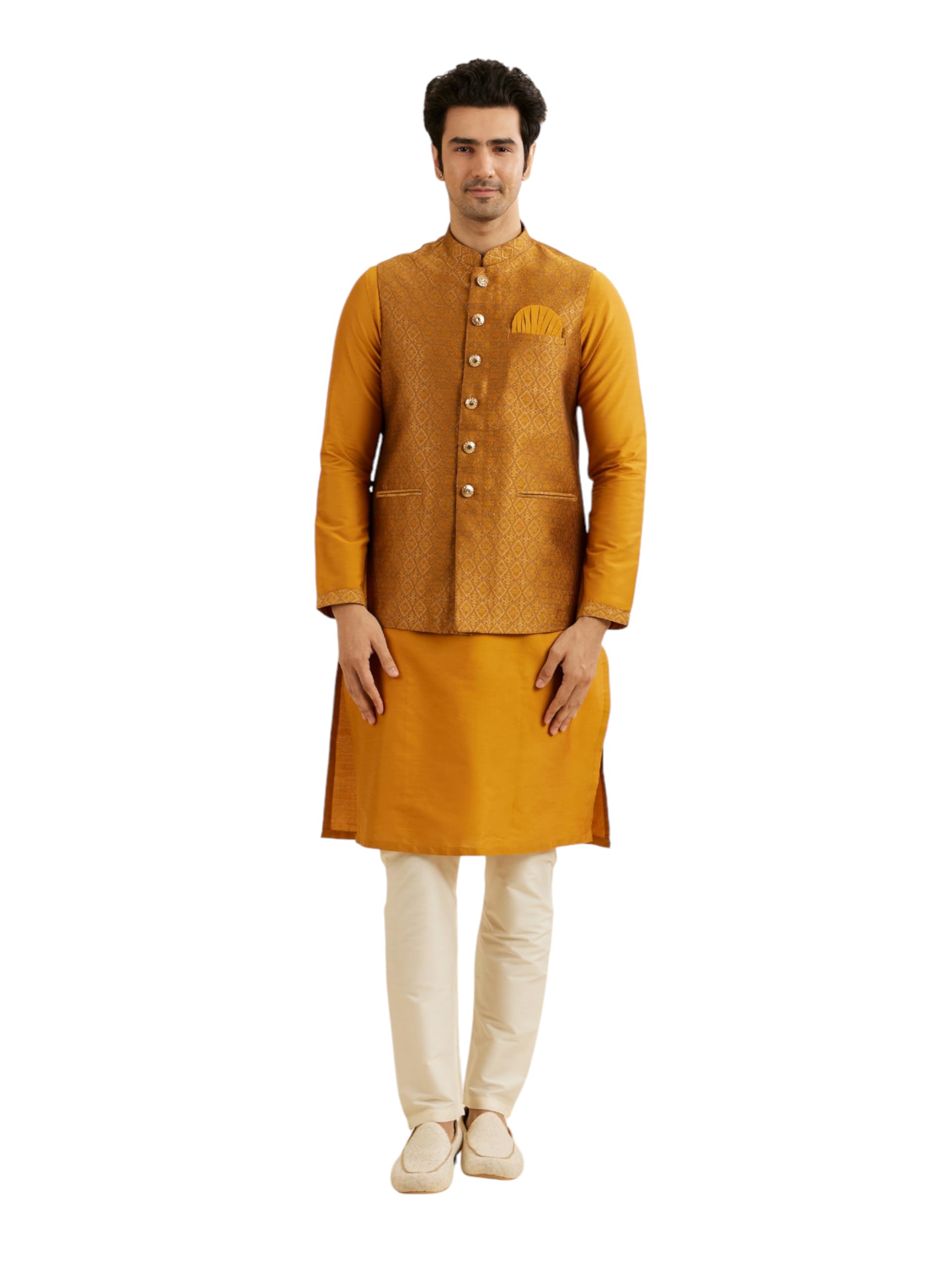 manyavar Men's Brocade Regal Embroidered Kurta Jacket Set (3pcs)-picture-19