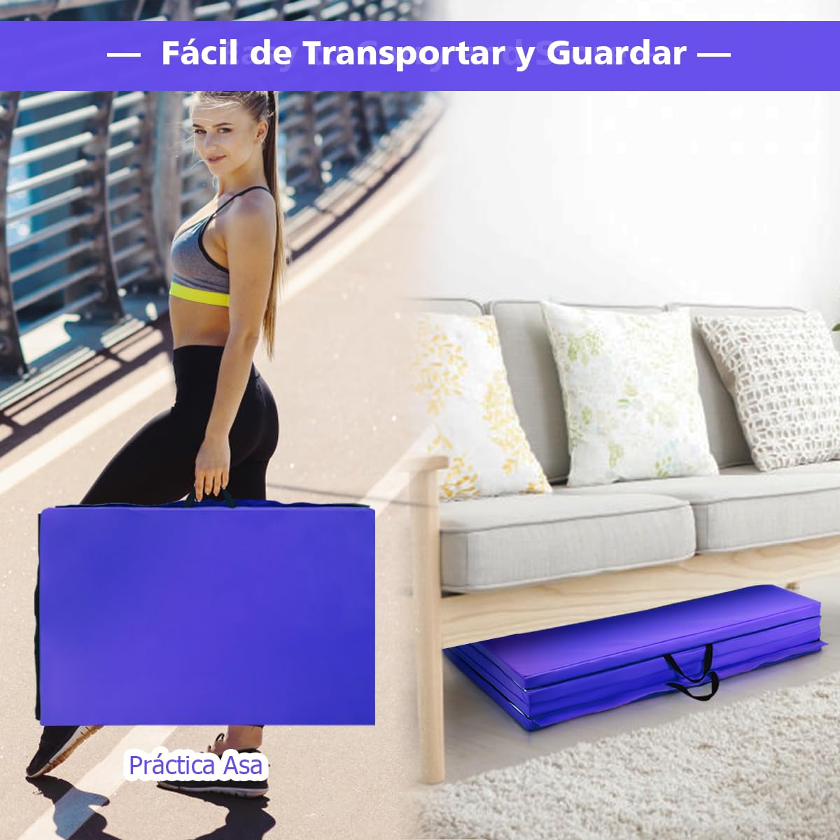 COSTWAY Colchoneta Gimnasia 300 x 116 x 5 cm, Colchoneta de Ejercicio Plegable de Gancho y Asa, Cuero Artificial, Yoga Pilate Fitness Artes Marciales, Morado Profundo