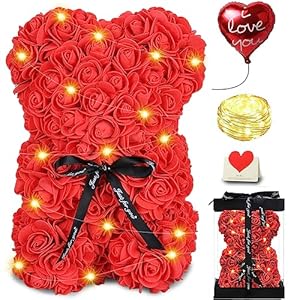 Schattige bloembeer, rozenbeer, Valentijnsdag, cadeau voor haar, schattige beer, voor meisjes, vrouw, vriendin, met 25 cm transparante geschenkdoos en kaart