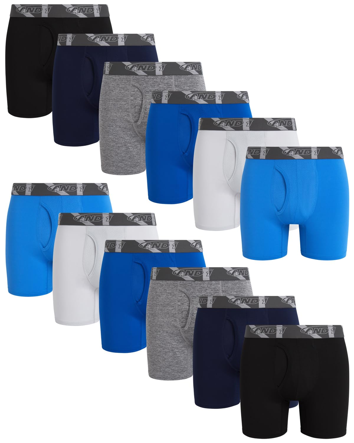 AND1 Mens Boxer Briefs - 12 Pack Platinum Performance Mens Boxers with Fly Pouch - Underwear Boxers for