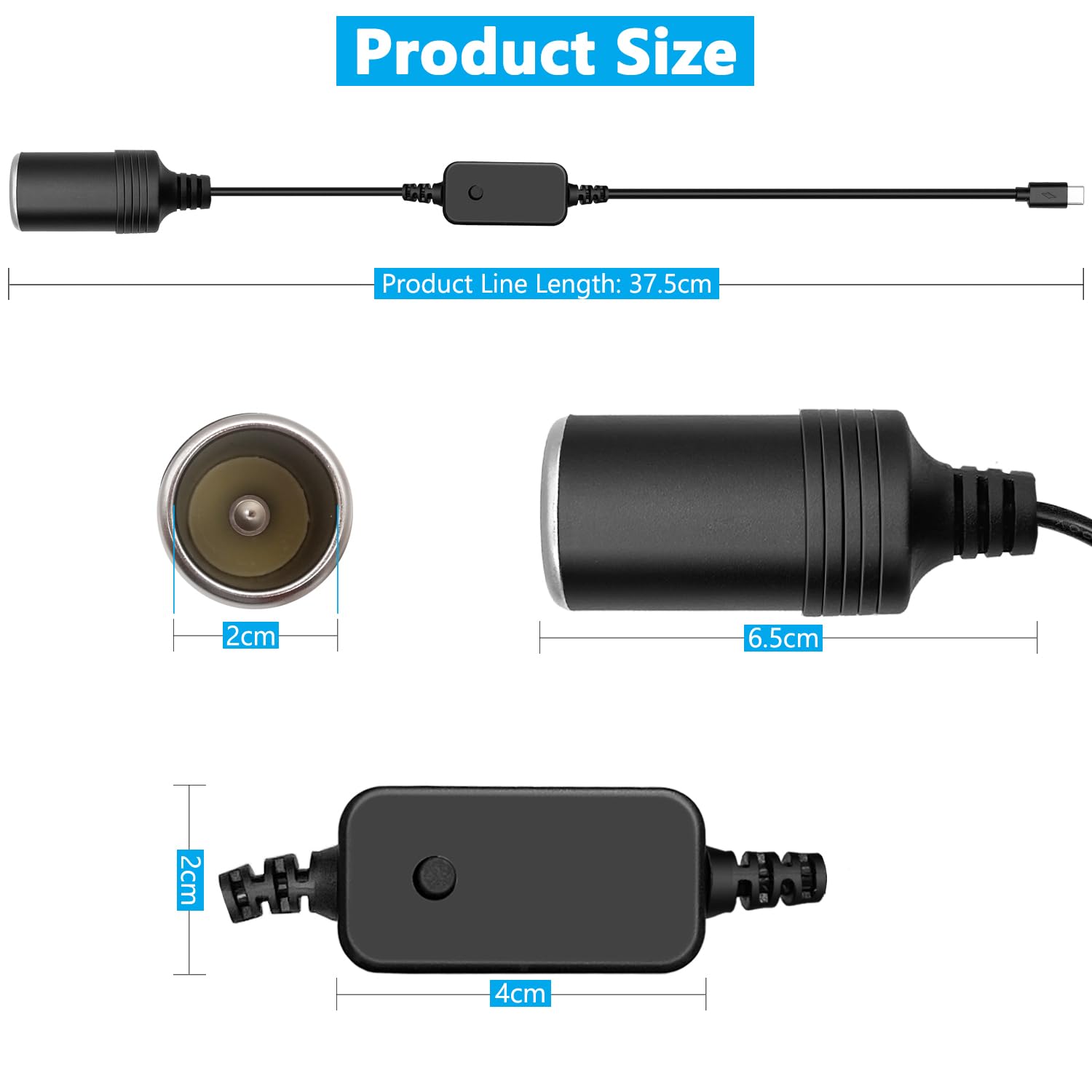Wtyczka USB C na gniazdo zapalniczki samochodowej 12 V, adapter kablowy, konwerter z woltomierzem, regulowane napięcie 5 V/9 V/12 V, nadaje się do ładowarki samochodowej, GPS, kamery na deskę