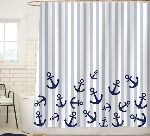 Miniatura 2 de Sunlit Cortina de ducha de tela náutica, ancla azul marino con rayas grises, cortinas de decoración de baño náuticas del océano