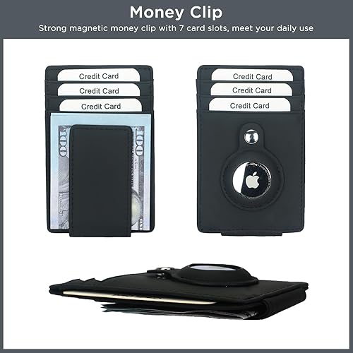 Miniatura 3 de Cartera de cuero de grano completo para hombres, clip magnético para dinero con soporte AirTag, bolsillo frontal con bloqueo RFID, Negro -, Cartera