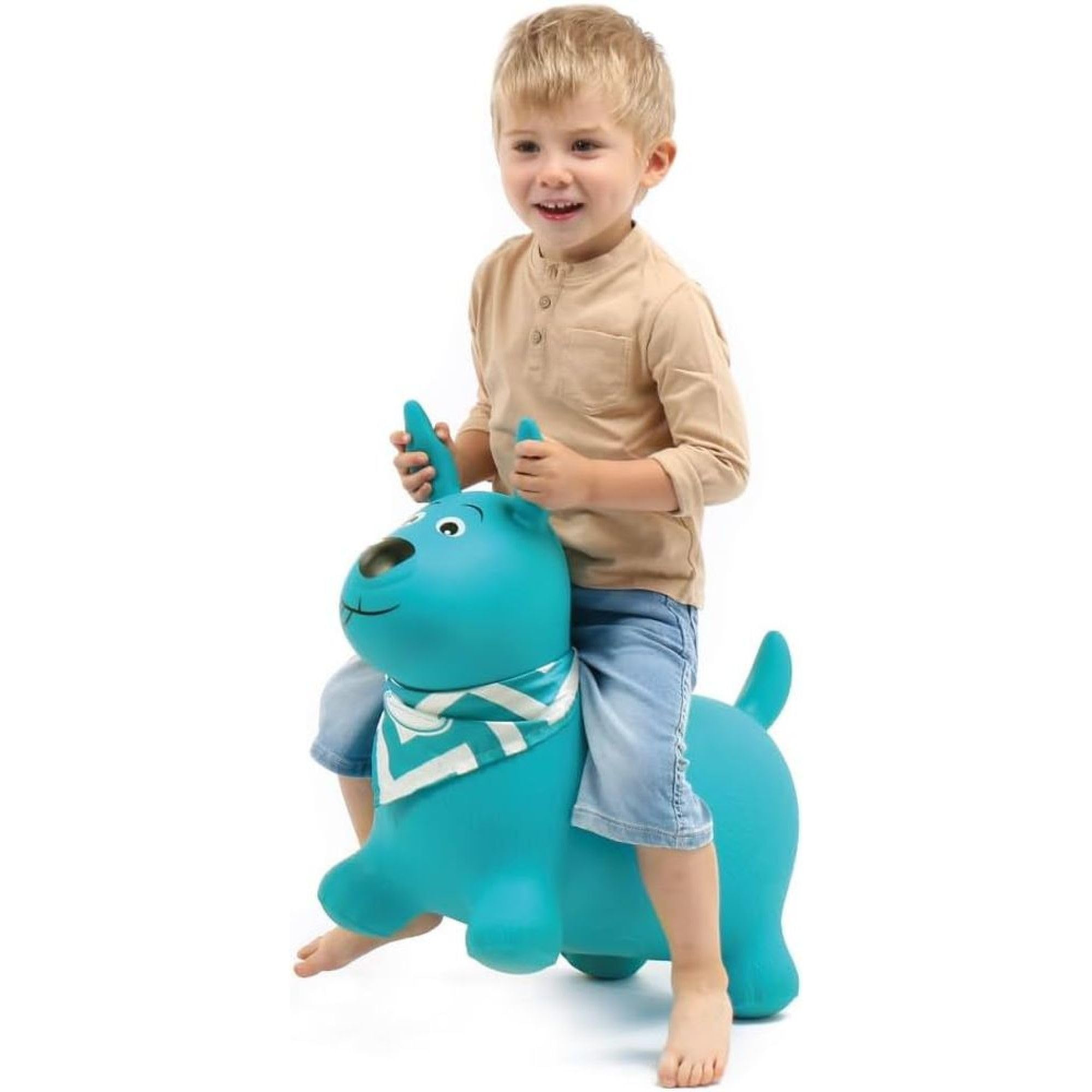 Ludi – Perro Saltador Azul – 58 x 27 x 48 cm – Juguete dinámico de PVC con Asas ergonómicas y Bandana Personalizable – para Interior y Exterior – Incluye Sistema de inflado – a Partir de 10 Meses