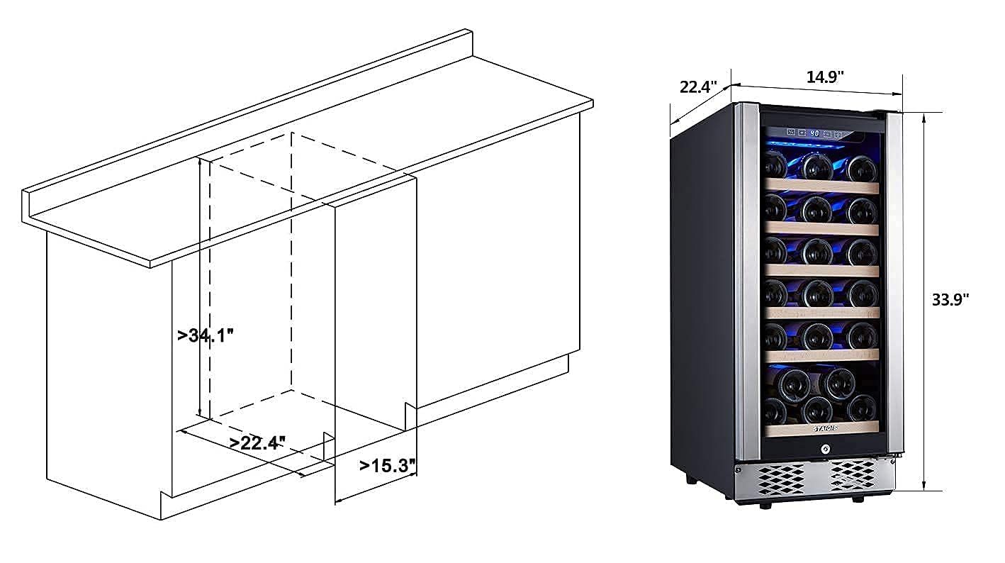 STAIGIS 15 Inch Wine Refrigerator, Under Counter Wine Cooler w/Stainless Steel Frame Glass Door