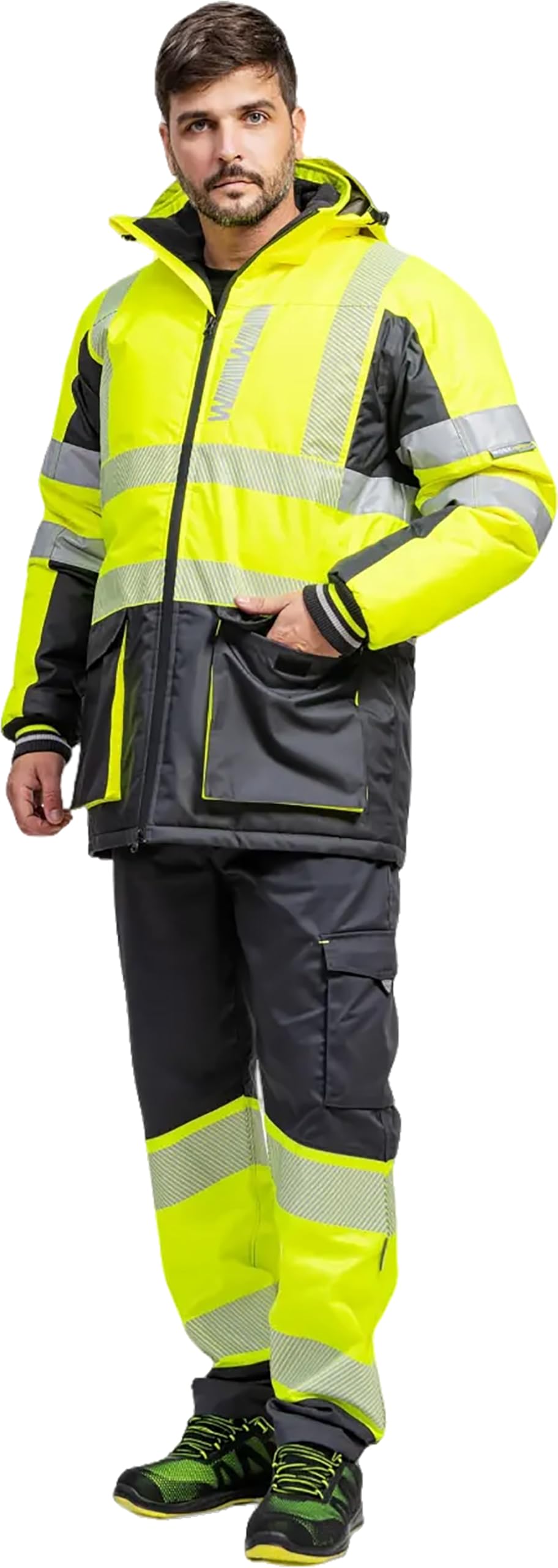 WORKTEAM Parka Alta Visibilidad Impermeable con Acolchado Térmico, Reflectantes Segmentadas, Capucha Desmontable y Forro Polar, Ropa Laboral Seguridad Clase 2