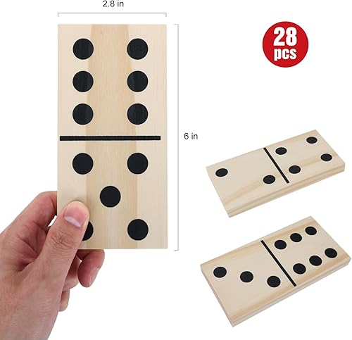 Miniatura 2 de GOTHINK Dominó de madera gigante, madera natural jumbo, juego de 28 piezas con números negros para niños, adultos y familias, perfecto para juegos