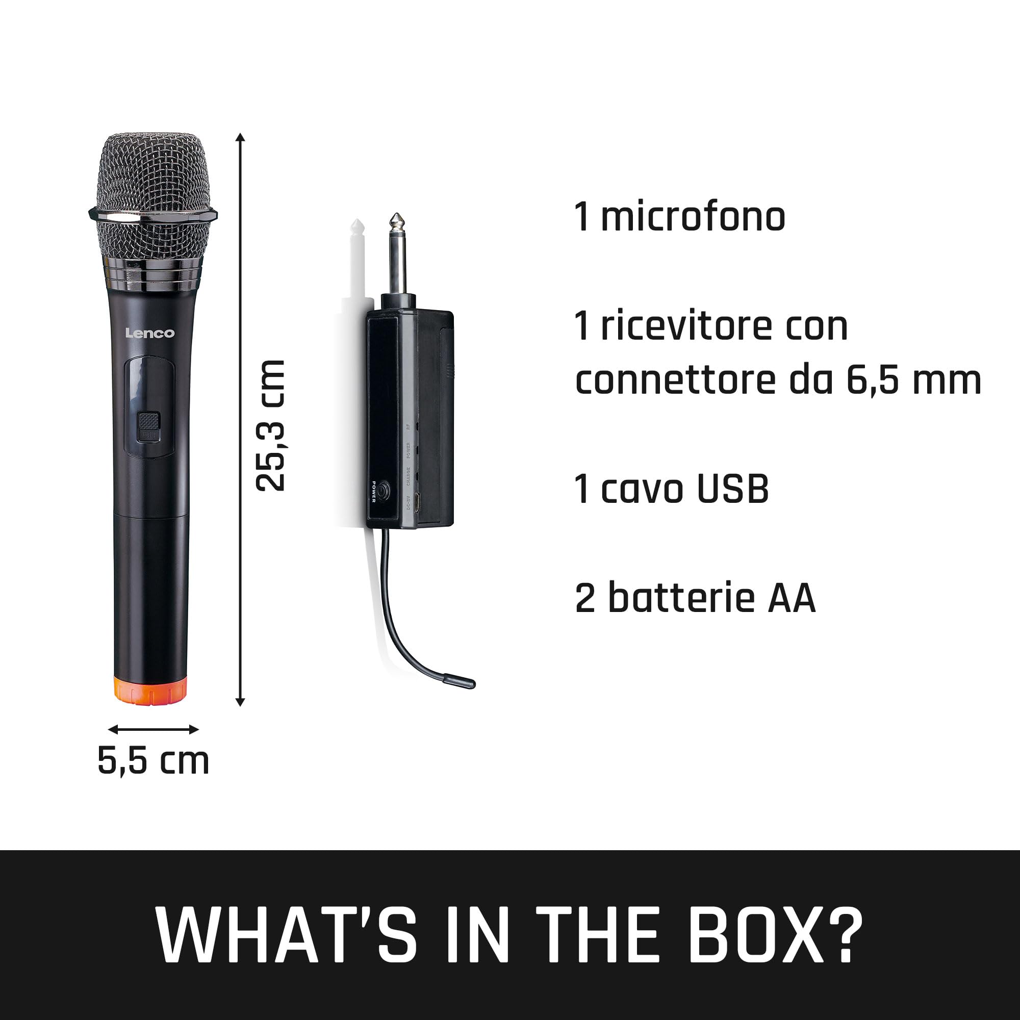 Lenco MCW-011BK - Microfono wireless, ricevitore 6,3 mm, ricevitore comune, festa karaoke, nero