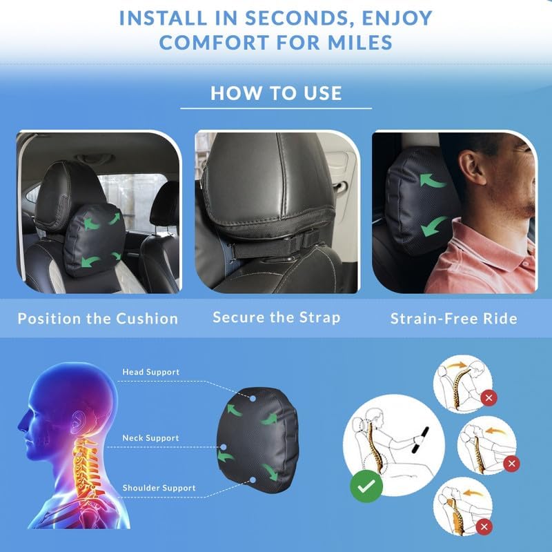 Image of Neodrift 'CloudFlex' (Set of 2) | (Color - Black) Car Back Seat Neck Rest Cushion Ergonomic Neck Support with Premium Fiber Fill, Pain Relief for Neck and Shoulder