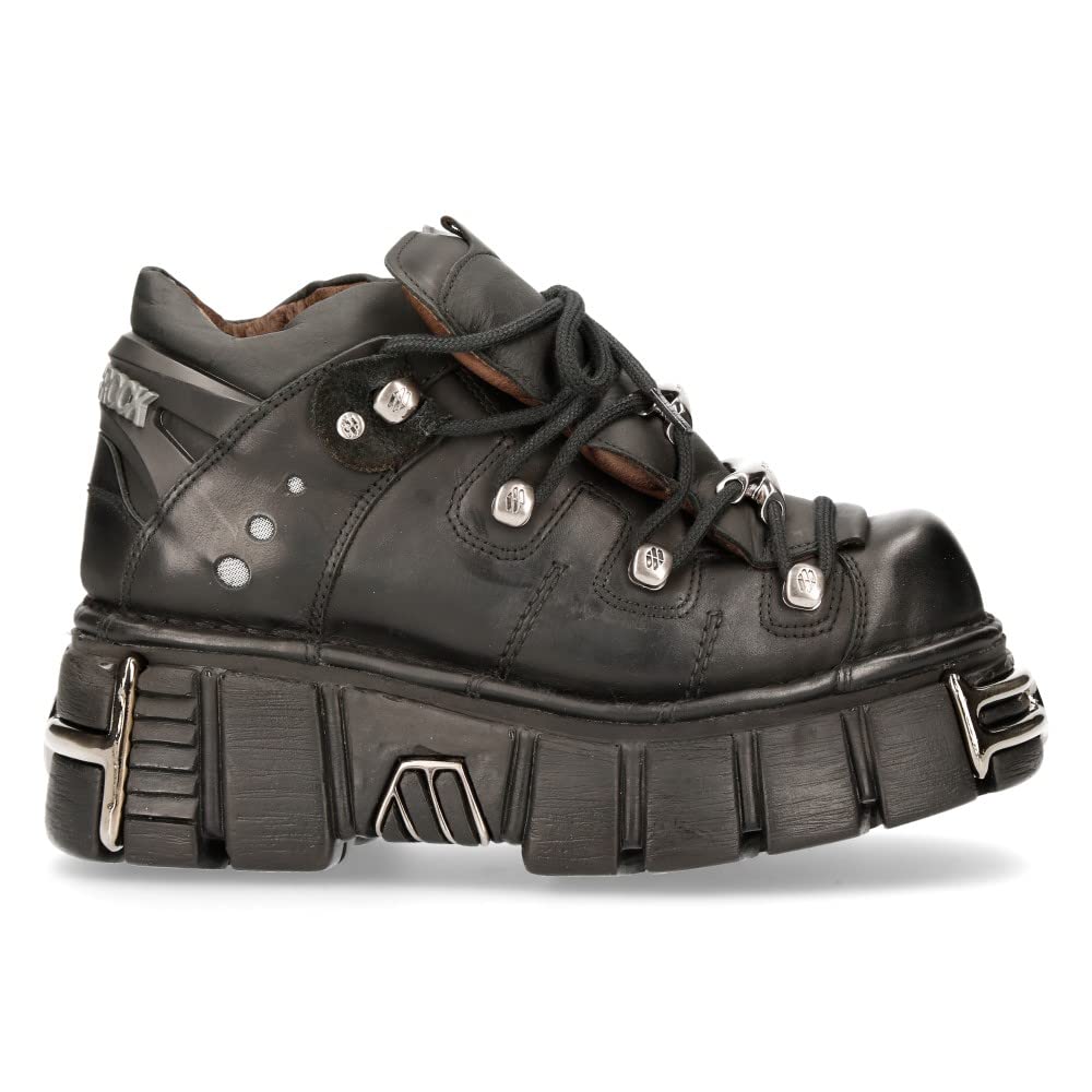 New Rock Botín Piel Negro Mujer Zapato Plataforma ICONIC 106 Black Woman Ankle Leather Shoes Boots M.106N-S16