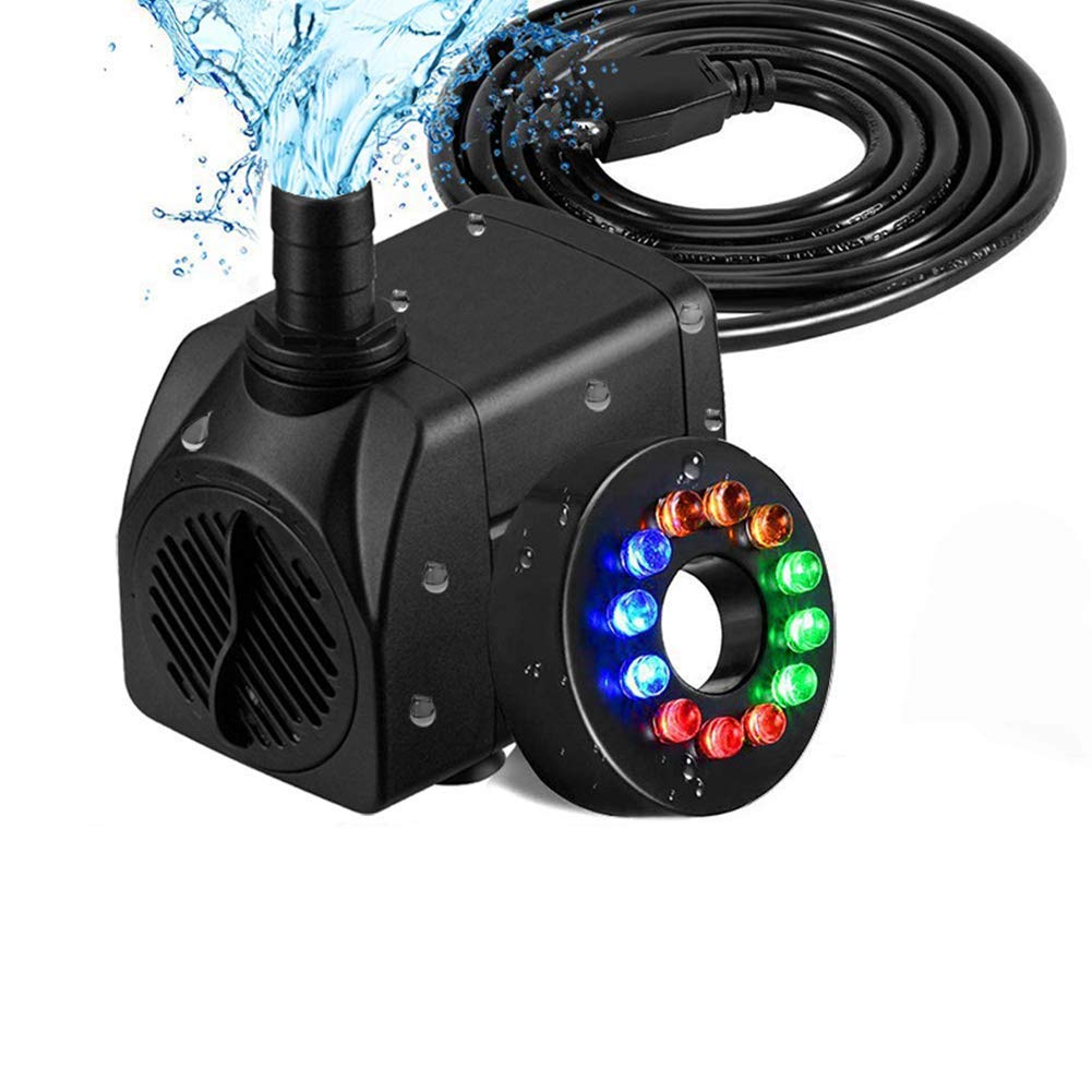 16W 800L/H Mini bomba de agua para acuario,Estanque Pecera Fuente Circulación de Agua Dulce con 12 luces LED a prueba de agua con 4 colores cambiantes Bomba de agua de bajo ruido Bomba de pecera