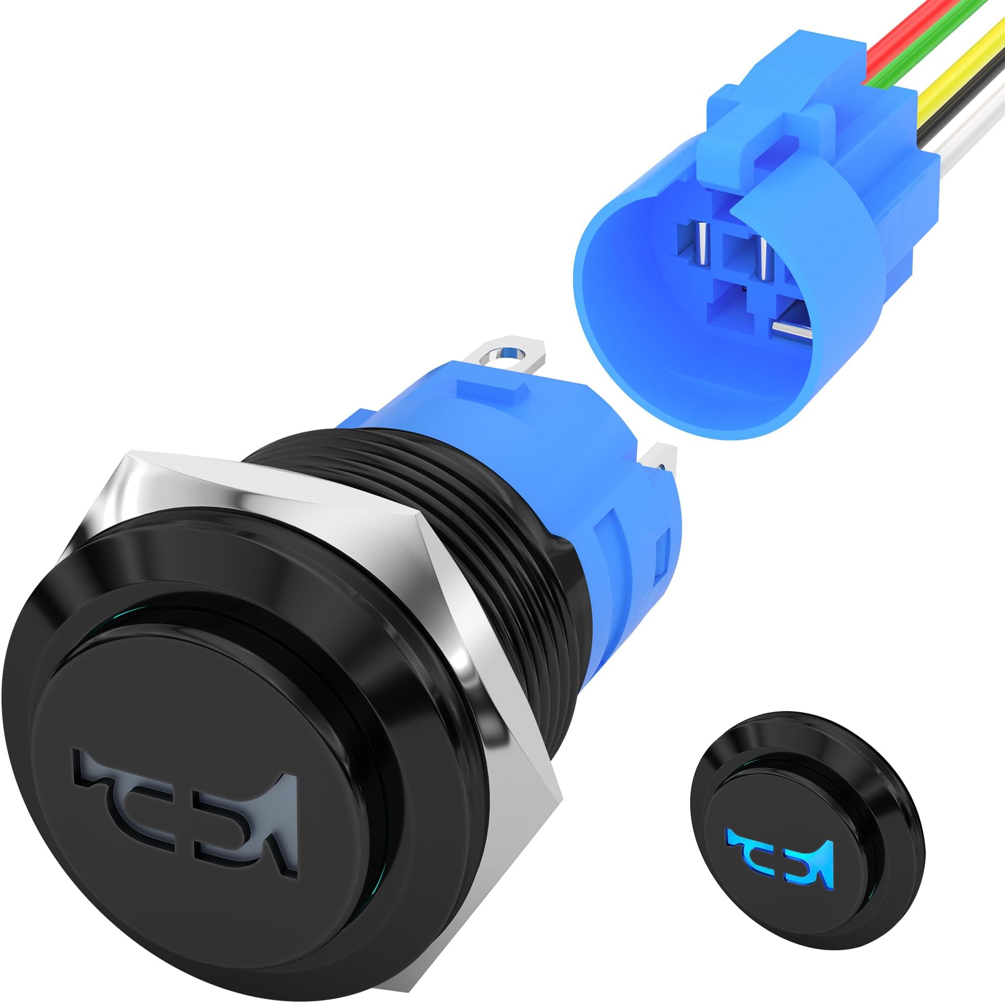 DaierTek 12V Marine 16mm Horn Push Button Switch, 12 Volt Stainless Steel Momentary Push Button Switch with Blue LED, Waterproof for Marine, Car, Boat, Automotive Use