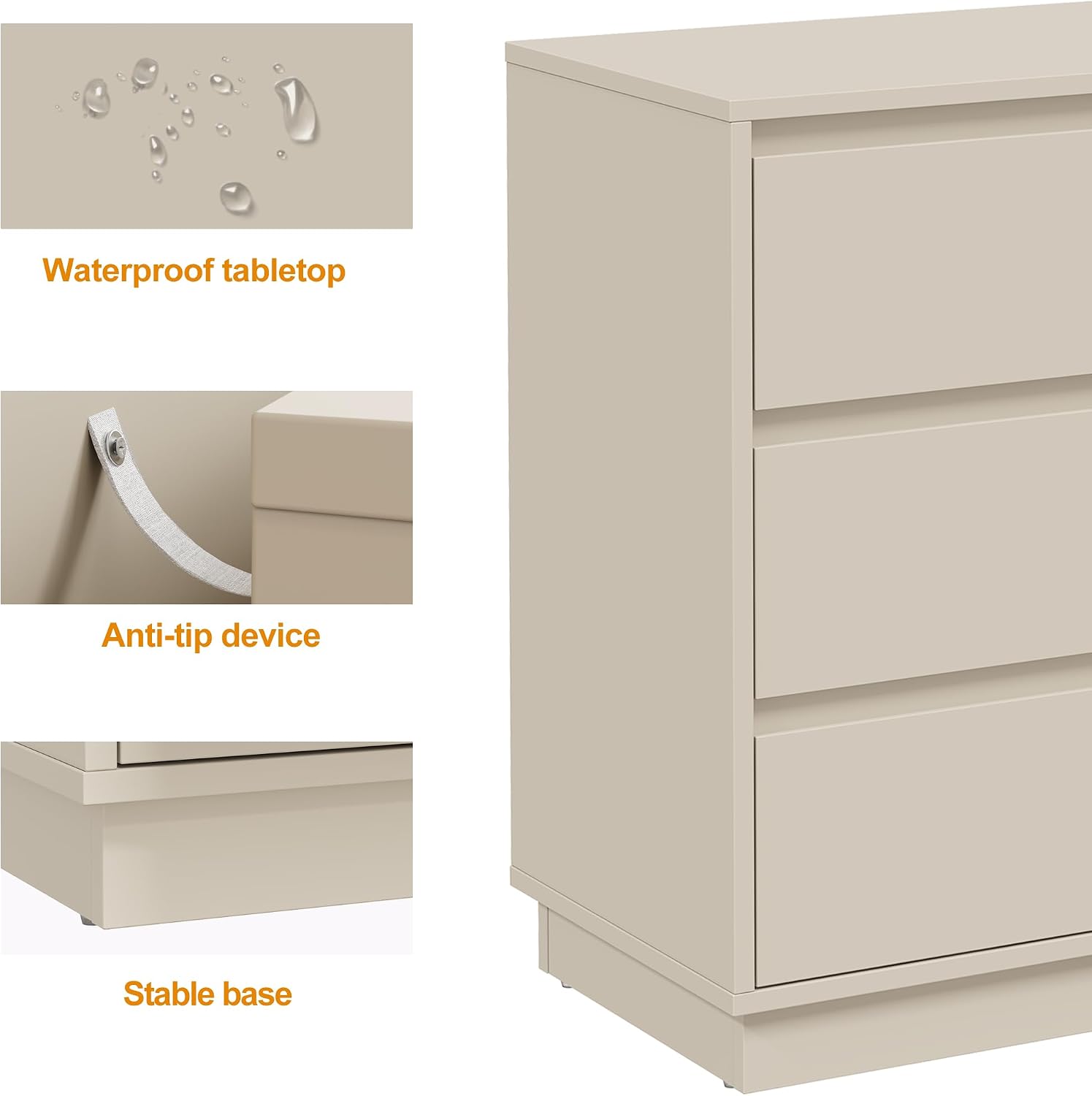 Close-up of the RoyalCraft Nightstand showing waterproof tabletop, anti-tip device, and stable base