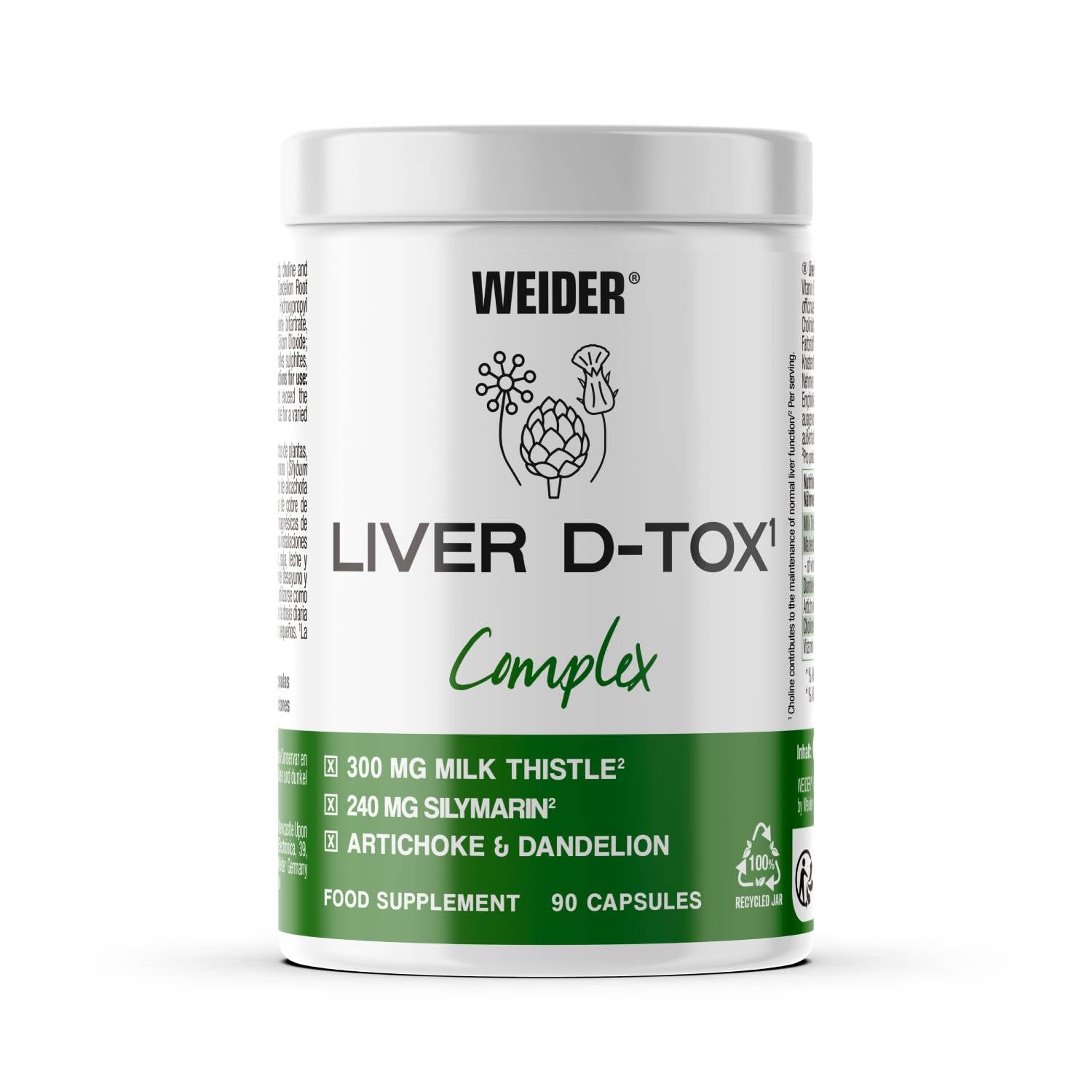 Weider Liver D-Tox Complex (90 Capsules) Extracts of Milk Thistle with 80% de Silymarin, Dandelion and Artichoke, with Choline and Vitamin B6, Vegan (45 Servings)
