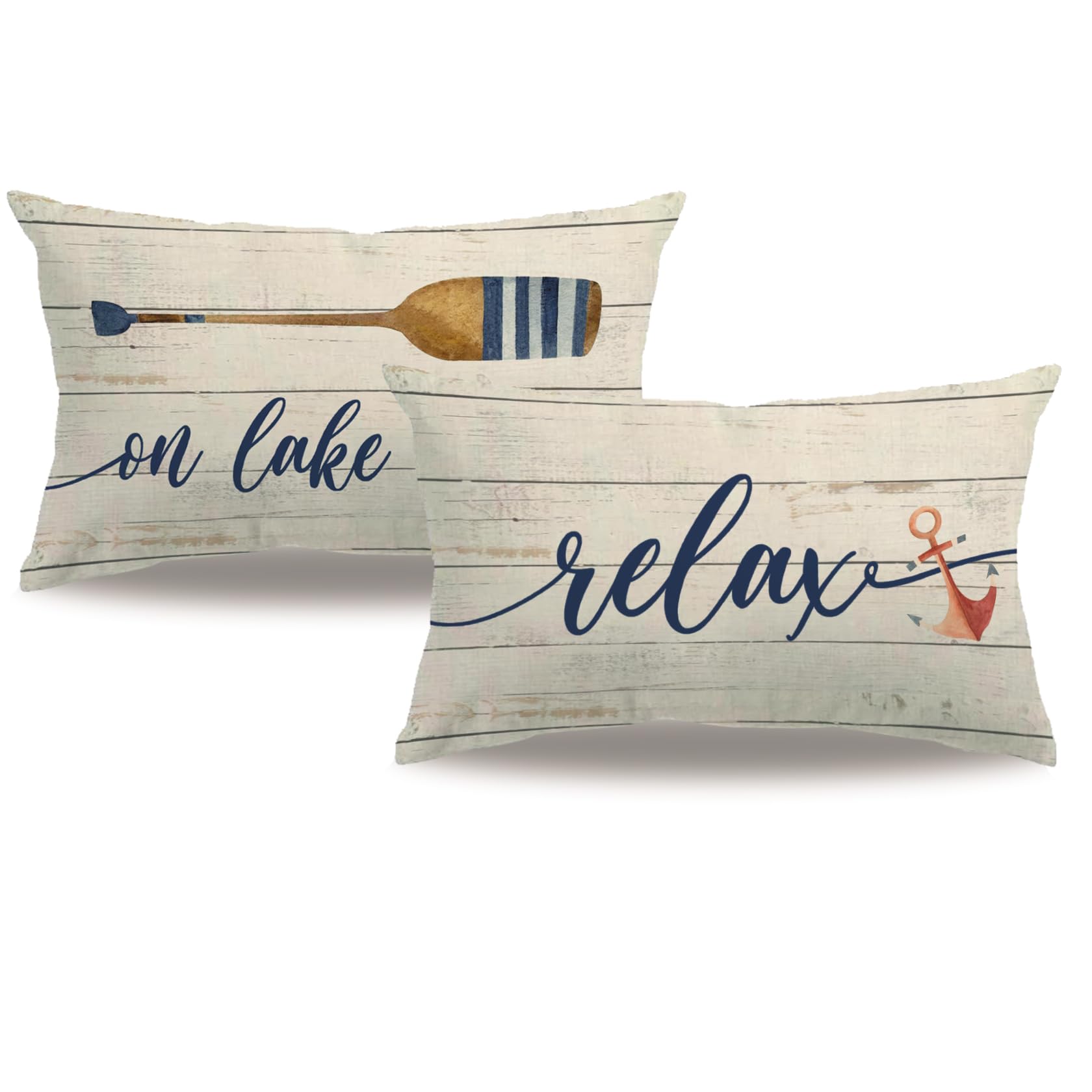 7COLORROOM Set of 2 Nautical Theme Pillow Covers Double-Sided Printed Wood Grain Funny Quote Relax On Lake Time Rectangular/Waist Cushion Cover Summer