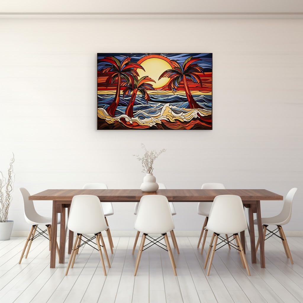 Canvas for Living room. Sunset Serenity: A Stained Glass Rhapsody of Beachside Bliss, 27 x 18 inch Canvas Wall Art - Contemporary Masterpieces - Modern Home Decor - 69x46 cm (27x18 inch)